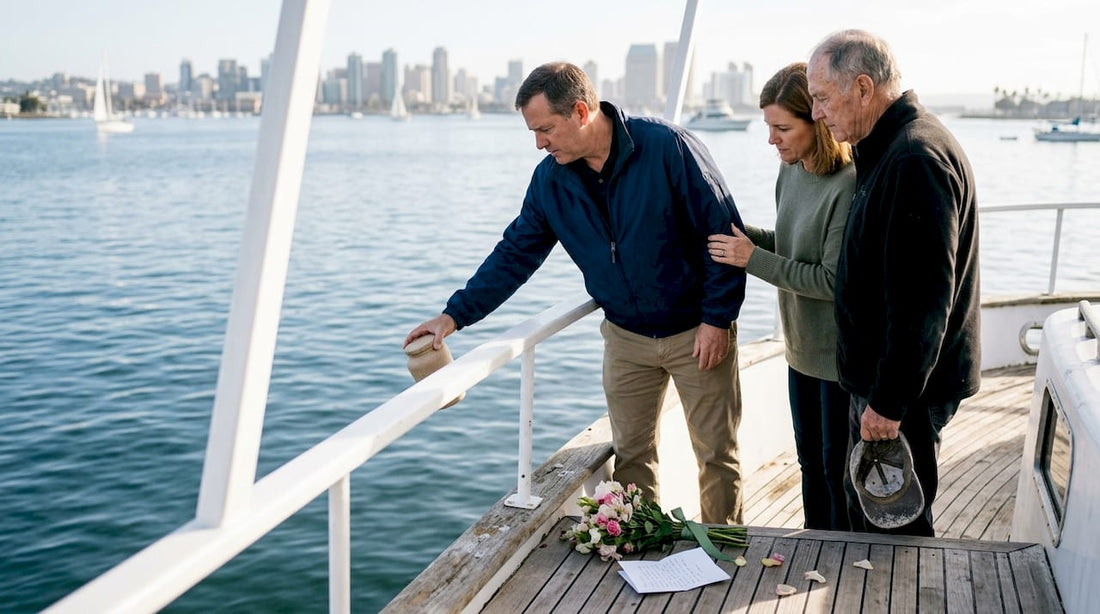 Family lowering urn during sea burial