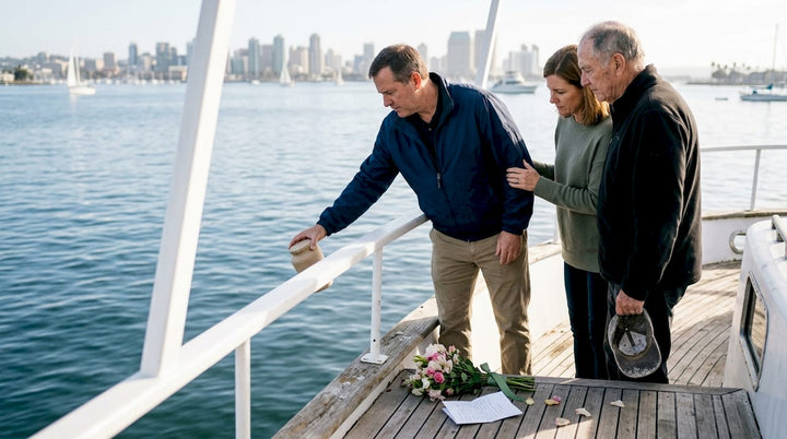 Family lowering urn during sea burial