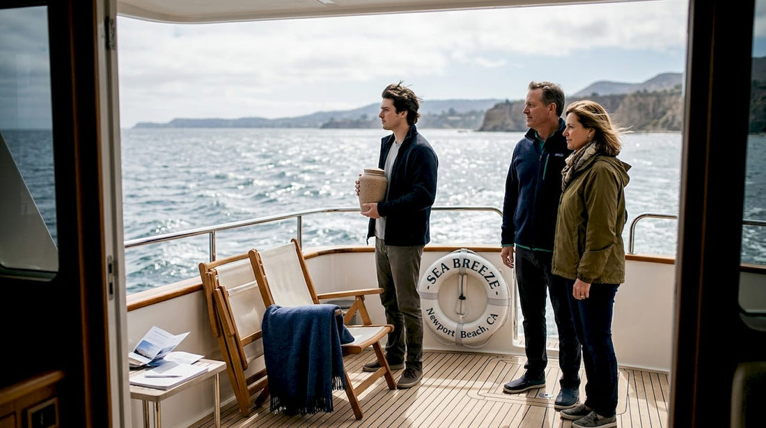 Family preparing ocean burial on yacht deck