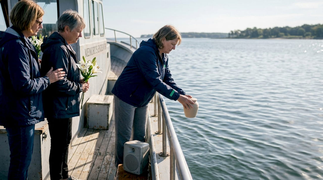 Woman releasing urn at sea memorial