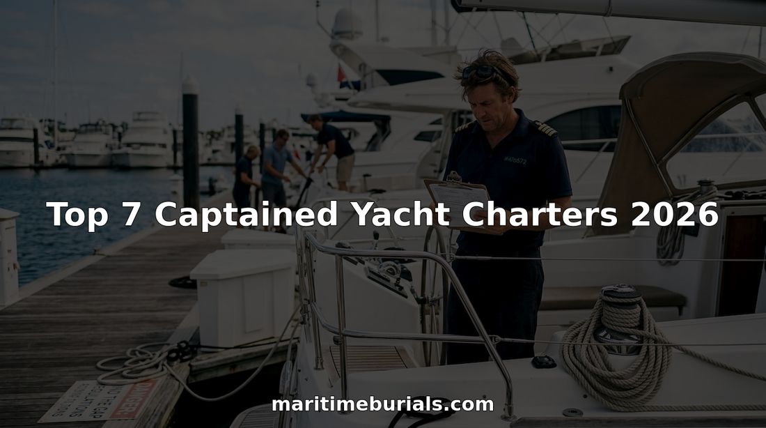 Yacht captain standing on marina dock with crew