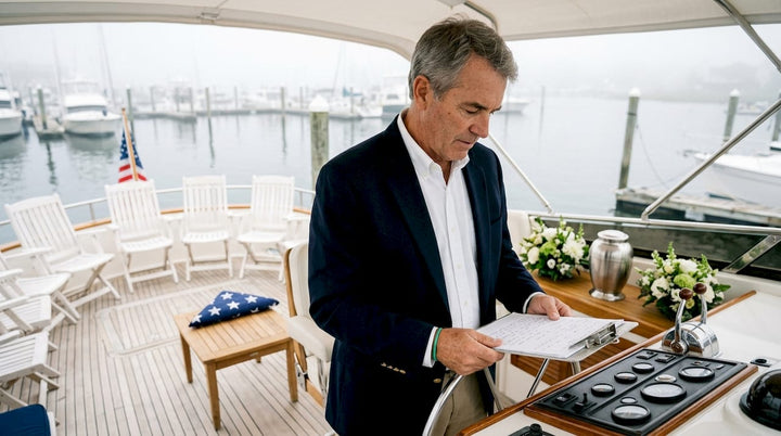 Yacht captain preparing burial at sea ceremony