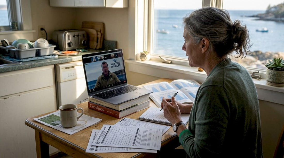 Woman planning sustainable sea burial at kitchen table