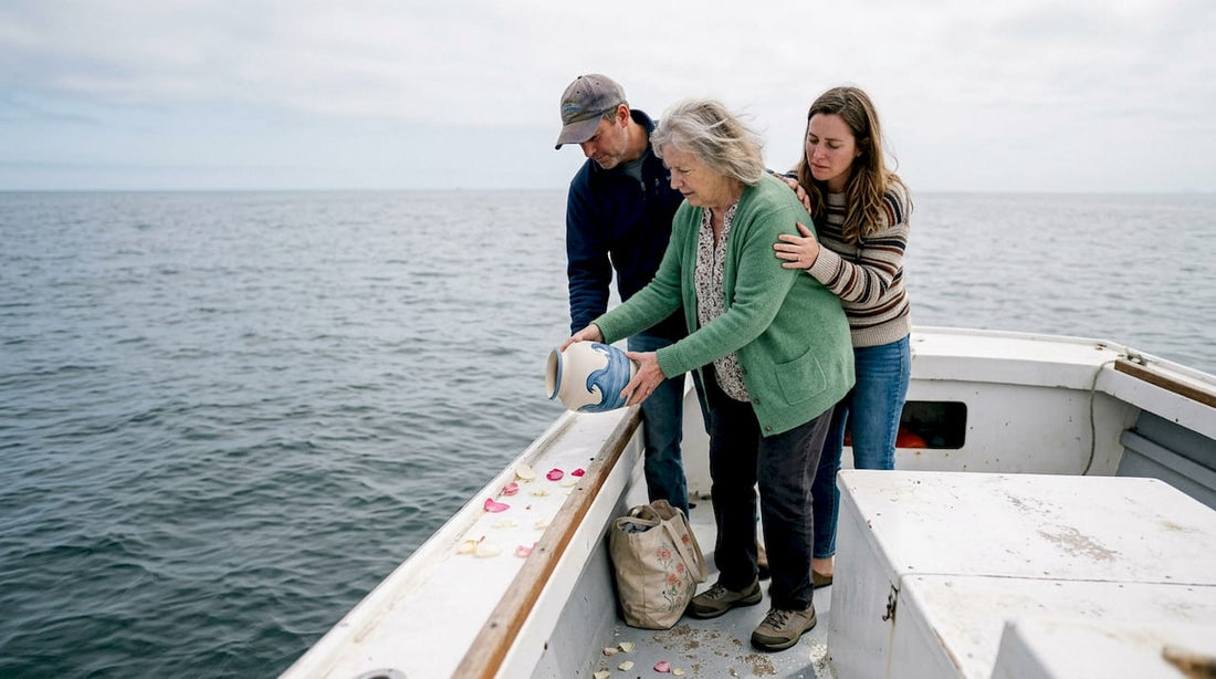 Family holding sea memorial ceremony on boat