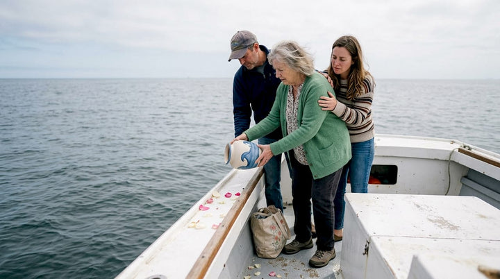 Family holding sea memorial ceremony on boat