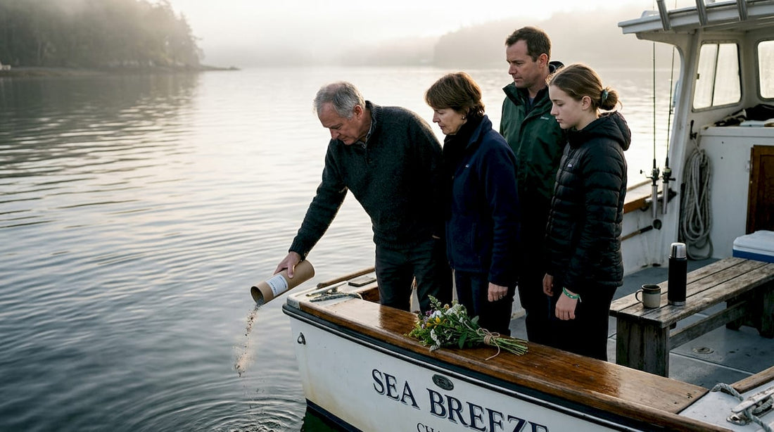 Family on boat at floating memorial service