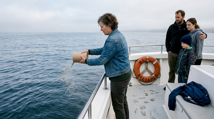 Family scattering ashes at sea from boat