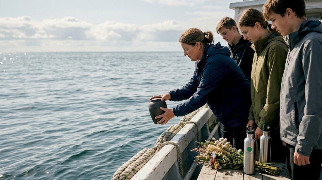 Family holding maritime memorial by boat rail