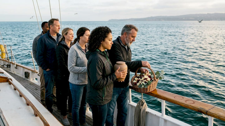 Family preparing urn and petals at sea memorial