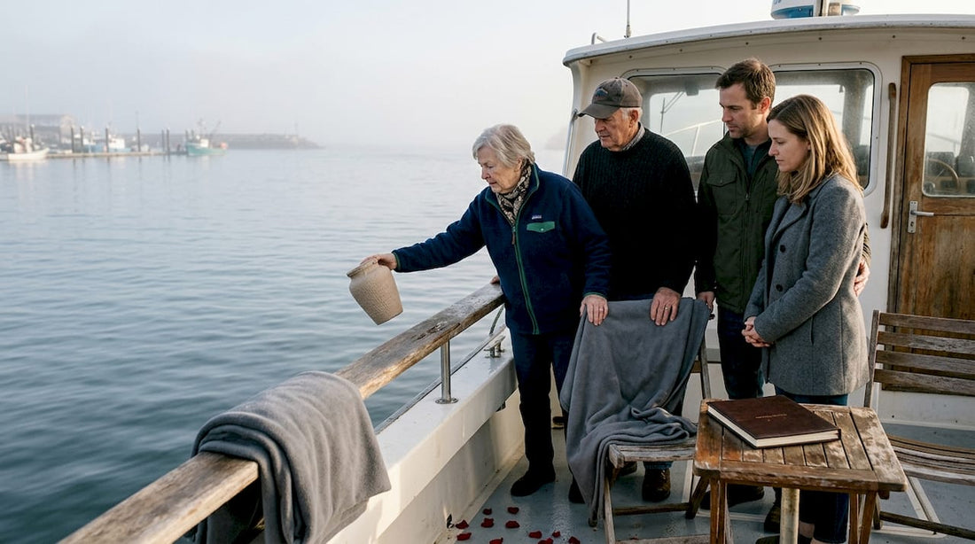 Family releasing memorial urn by ocean