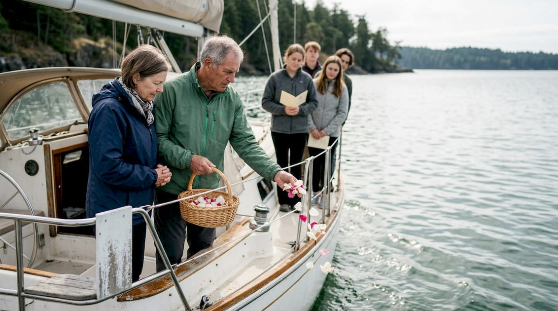 Family holding marine memorial at sea