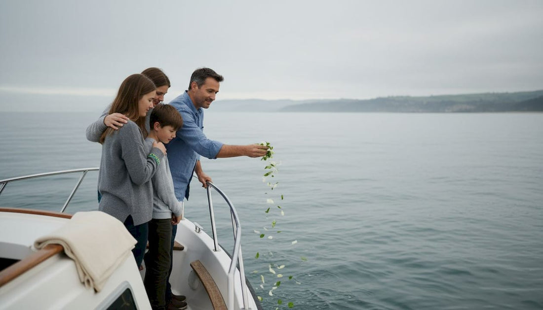 Family performing sea burial ritual on yacht
