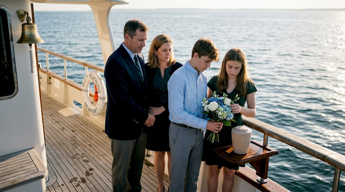 Family holding marine memorial on yacht deck