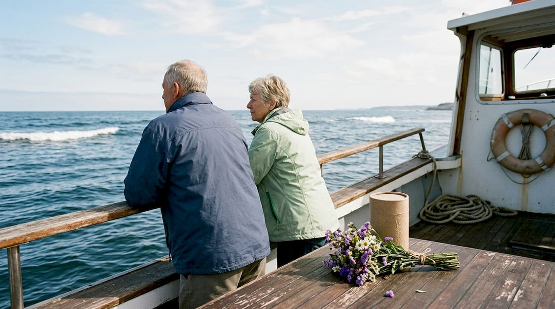 Family preparing sea scattering ceremony on boat