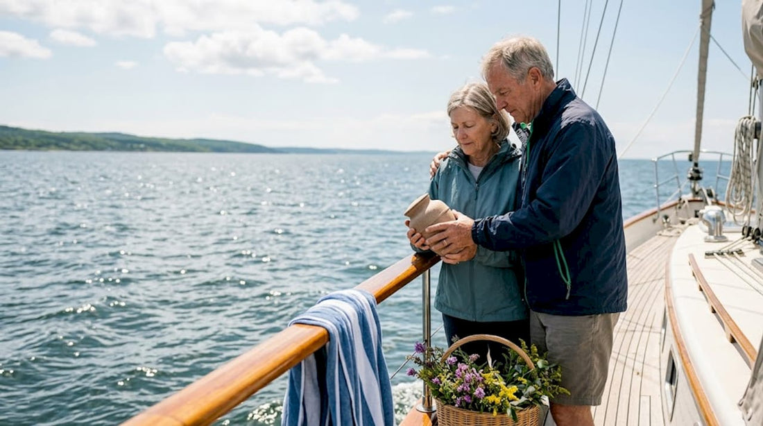 Couple holding urn on yacht for sea burial