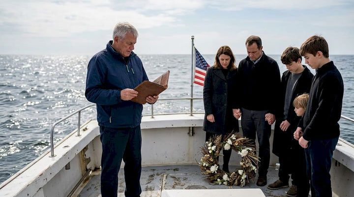 Marine funeral ceremony on boat with family gathered