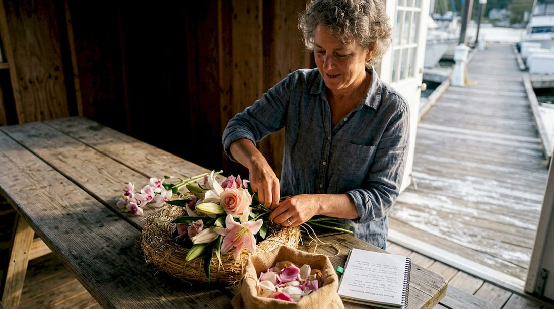 Florist creating biodegradable sea burial flower wreath
