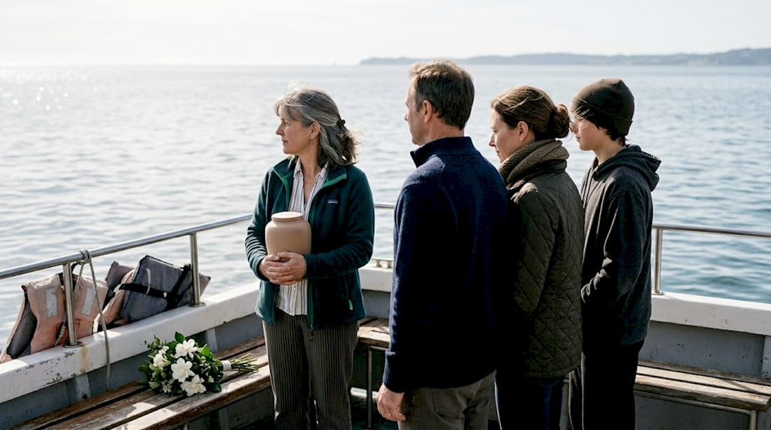 Family attending dignified sea burial ceremony
