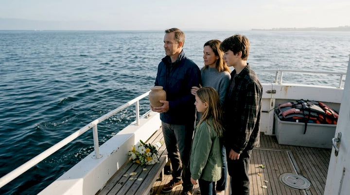 Family holding urn on boat at sea memorial