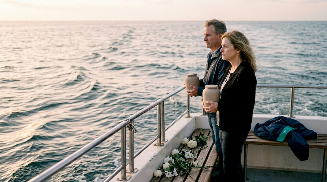 Couple preparing ocean memorial off boat