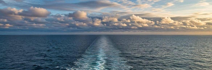 A boat's wake trailing toward an empty horizon on open ocean, at least three nautical miles from land