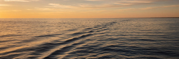 Open Atlantic at golden hour seen from offshore North Carolina, with a low barrier island coastline on the far horizon.